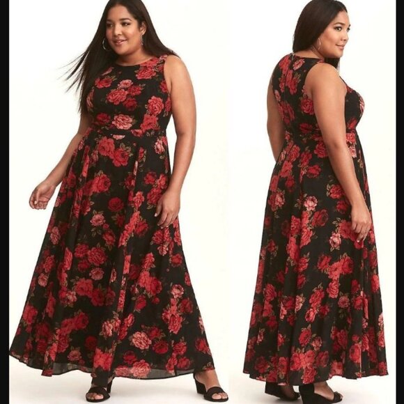 *SOLD* Torrid Black Red Rose Floral High Neck Chiffon Georgette Maxi 2 2X 18/20 - Picture 1 of 10